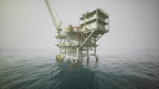 Operational offshore production platform surrounded by steady swell, intricate network of pipes and walkways, visible flare stack and control cabin, industrial