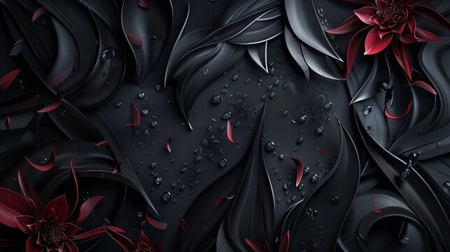 Moody Black Floral Background with Burgundy Flowers and Glossy Water Drops &ndash; Premium Luxury Aesthetic