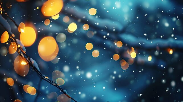 Golden Fairy Lights On Snowy Blue Evening Create Magical Winter Glow