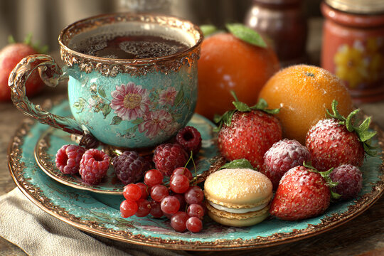 Elegant vintage morning breakfast tea setting featuring an ornate turquoise floral china teacup filled with hot coffee, fresh strawberries, red raspberries, oranges, and a sweet french macaron.