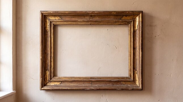 An empty wooden frame hangs on a vintage wall inside a bright room with natural daylight.