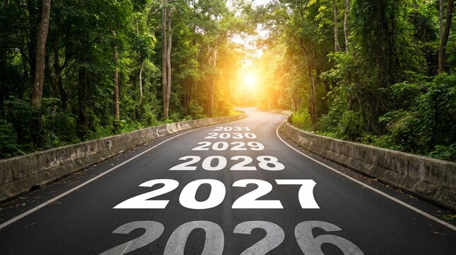Road to the future concept with year numbers painted on asphalt highway leading into bright morning light through lush green forest.