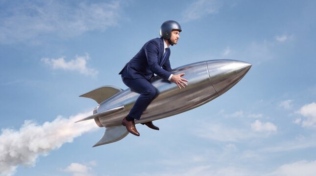 A businessman rides a silver rocket through the blue sky wearing a helmet while flying high.