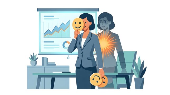 Business professional hiding inner sadness with a mask to project positivity during a corporate presentation in the office environment while working hard to succeed despite experiencing hidden