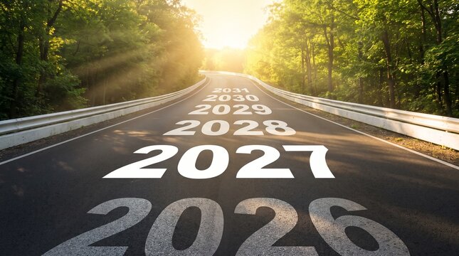 Concept of future road ahead with years written on asphalt representing numbers 2026 to 2031 leading to bright sunset light