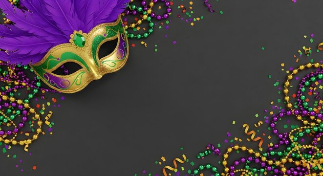 Mardi Gras masquerade mask with beads on a dark background