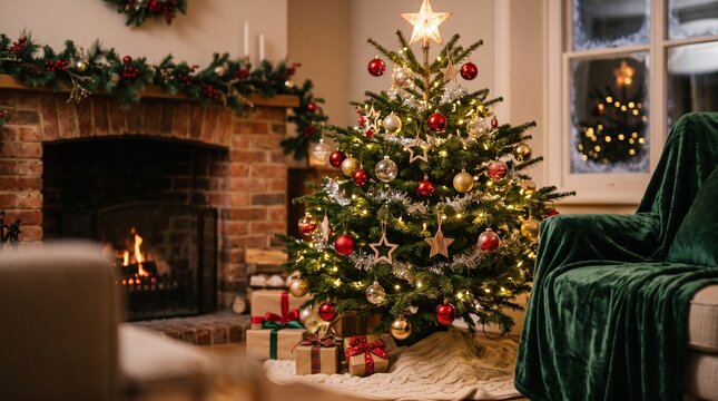 Decorated Christmas Tree in a Cozy Living Room with Fireplace