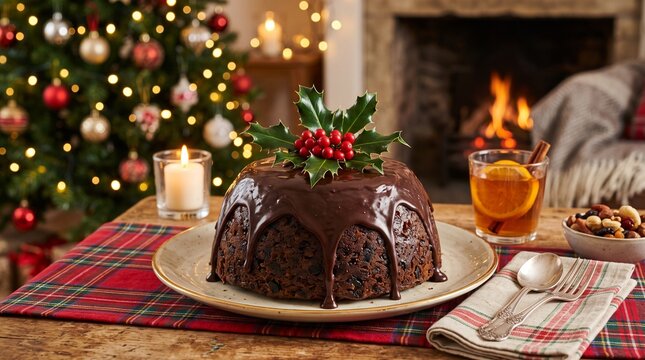 Traditional Christmas Pudding with Holly Decoration