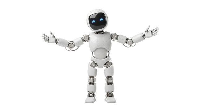 Friendly white robot with blue eyes and outstretched arms, welcoming gesture, isolated on transparent background.