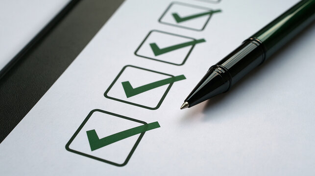 Elegent photo of A black pen sits on a paper sheet with green check marks inside boxes. This image represents a concept of task completion, success, and business productivity.