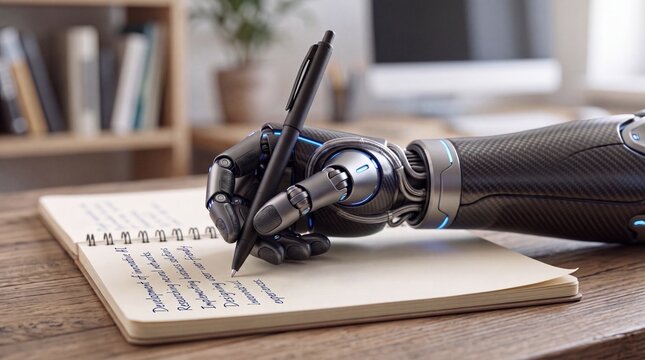 An advanced robotic bionic hand is writing with a black pen in an open notebook on a wooden desk.