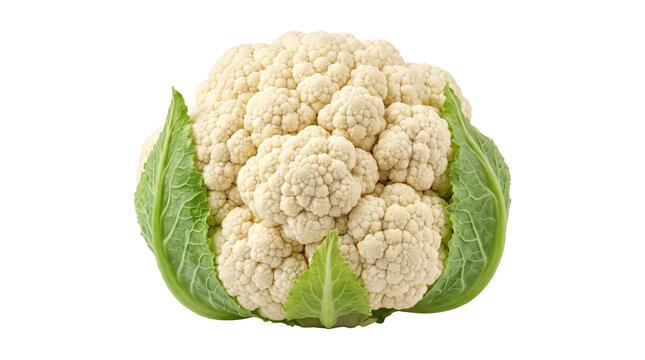 Fresh whole raw cauliflower with small green leaves around its base, ready for cooking.