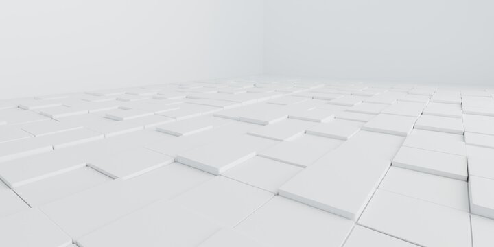 White abstract cube tiles floor perspective background for modern 3D product display presentation architecture style.
