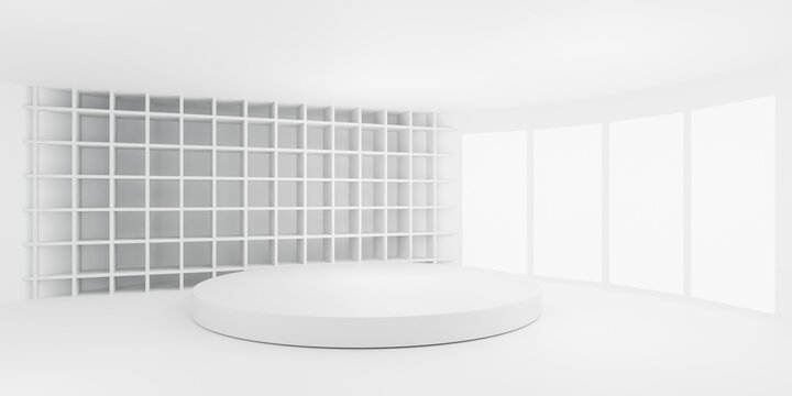 White modern studio background with cylinder podium product stage and grid wall texture for 3D exhibition presentation.