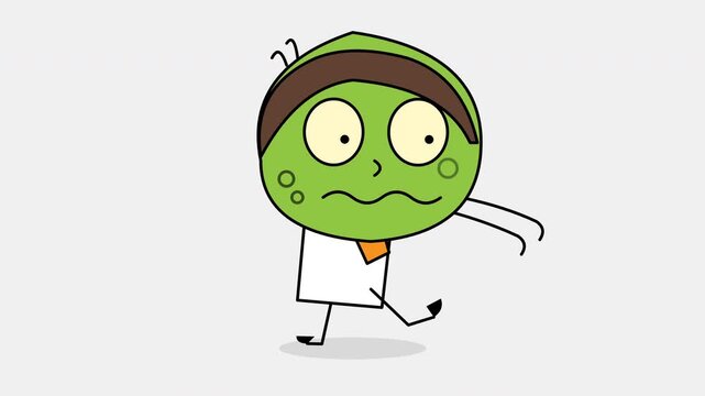 Funny green cartoon character walking cautiously with nervous expression on white background