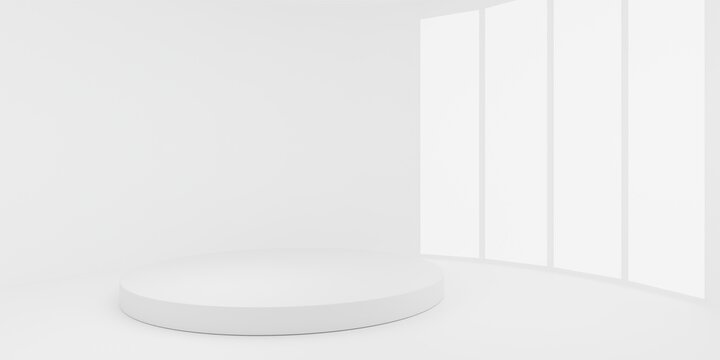 Minimalist white studio background featuring circular product podium stage and soft window light for clean mockup display.