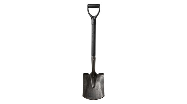Gardening spade tool, metal shovel head with wooden handle, isolated on transparent background.