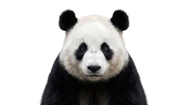 Head and shoulders portrait of giant panda looking forward isolated on transparent background png file.