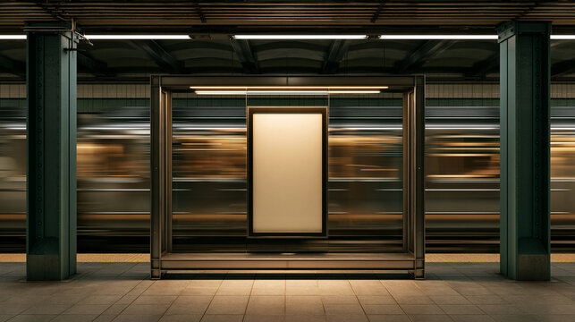 Elegent photo of A blank illuminated billboard on a subway platform with a blurred passing train. This mockup is perfect for advertising campaigns in urban environments.