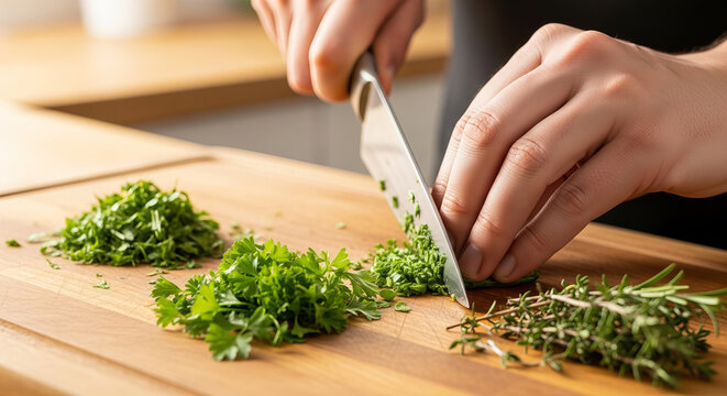Chef Hands Chopping Fresh Green Organic Herbs on a Wooden Cutting Board in the Kitchen