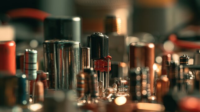 Electronic Components capacitor resistor connector system optimization sustainable engineering close up engineering desk whimsical Blend mode technical workspace.