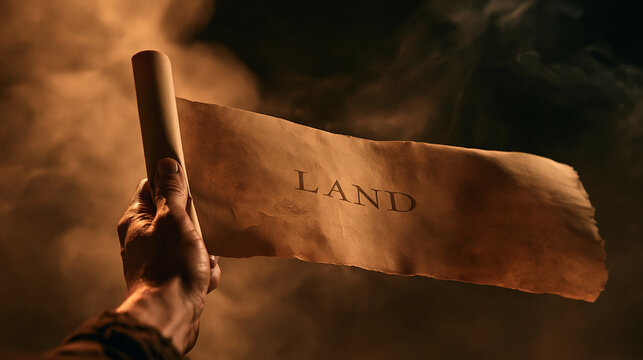 Elegent photo of A person holds a vintage parchment scroll with the word LAND written on it in a dark, smoky atmosphere. Represents territory, ownership, and exploration concepts.