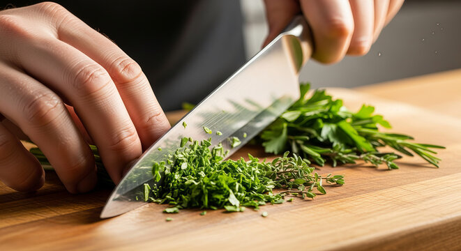 Professional Chef Hands Using Sharp Steel Knife to Chop Fresh Green Herbs on Wooden Cutting Board