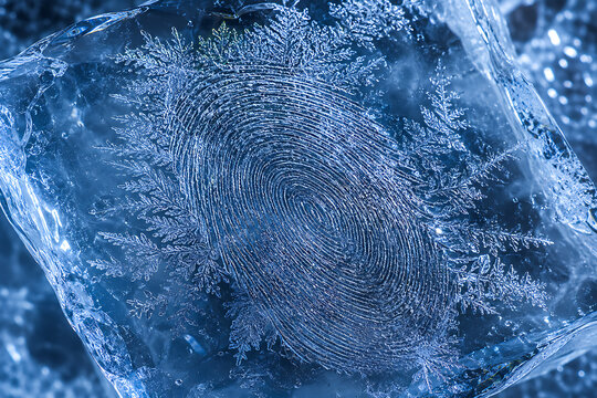 Fingerprint pattern frozen in ice with frost crystals during cold winter