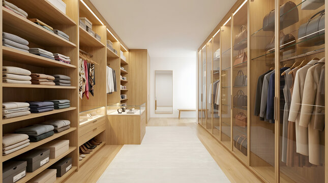 Luxurious walk in closet wardrobe interior featuring elegant wooden shelving cabinetry warm led lighting strips and a full length mirror center