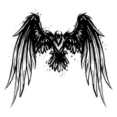 Naklejka premium Black Raven with Spreading Wings and Splatter Effect.