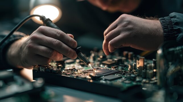 Electronics Repair technician craftsmanship fault detection equipment restoration close up maintenance workshop dynamic Fusion professional electronics repair station.