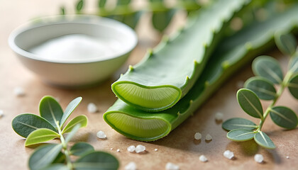 Obraz na płótnie Canvas Detailed macro view of fresh aloe vera, eucalyptus and natural sea salt on travertine stone. Ideal for clean beauty, organic skincare and natural cosmetic concepts.