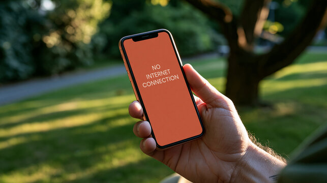 Elegent photo of A man holds a smartphone displaying a no internet connection message outdoors. It represents digital disconnection and connectivity issues in daily life.
