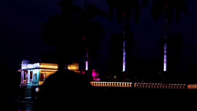 Golden and cool white lights illuminate the palm-lined path. Night skies provide a striking dark backdrop. Calm ambiance settles over Fateh Sagar Lake in Udaipur, Rajasthan.