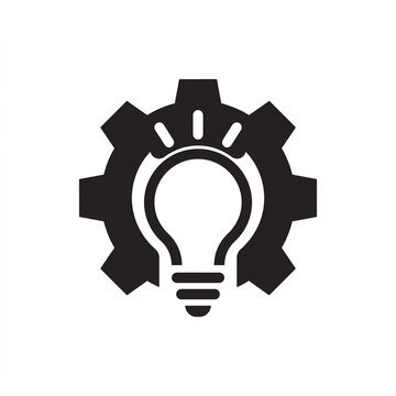 Gear and lightbulb innovation concept symbol. Creative technology idea generation with mechanical brainstorming icon.