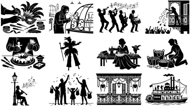 Minimal Black Mardi Gras Silhouette Vector Set with Carnival Floats Jazz Musicians Costumes and Festival Traditions