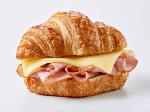 Croissant sandwich with ham and cheese on a white background