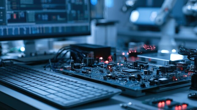 Embedded System firmware control automation intelligent devices industrial evolution selective focus robotics laboratory futuristic Composite embedded development bench. 