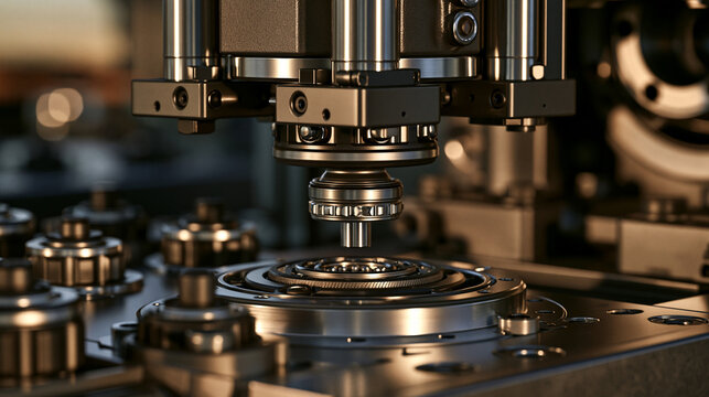 Elegent photo of Industrial precision machinery assembling metallic components in a factory. Representing advanced automated manufacturing and high-tech engineering concepts.