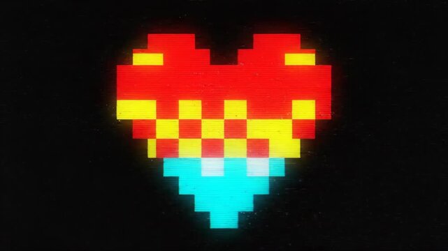 Pixelated Heart with Digital Glitch Effect on Black Background.