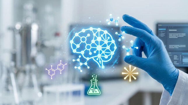 Scientist hand in blue glove interacting with futuristic digital brain interface and chemical formulas in high-tech laboratory research.