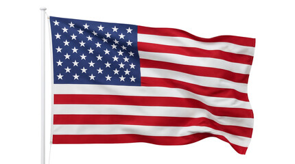Fototapeta premium American flag with stars and stripes waving on pole against clear space isolated on transparent background.