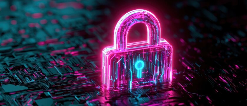 Holographic neon padlock on circuit board background cyber security concept