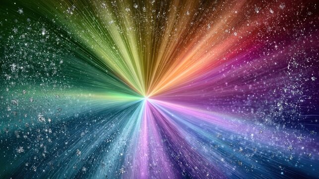 Explosion of rainbow light streaks and glittering particles