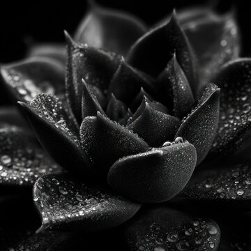 Close up of a dark succulent plant covered in water droplets macro photography
