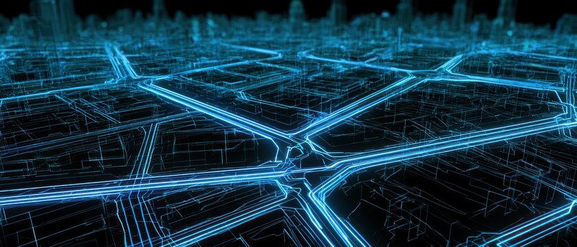 Abstract digital city grid with glowing blue lines in darkness