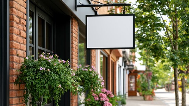 Blank signboard on brick building facade with potted plants and trees