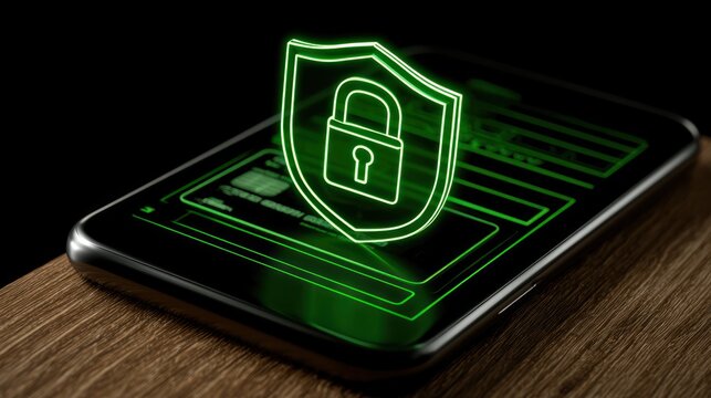 Digital security shield with padlock symbol glowing green on a smartphone screen on a wooden surface