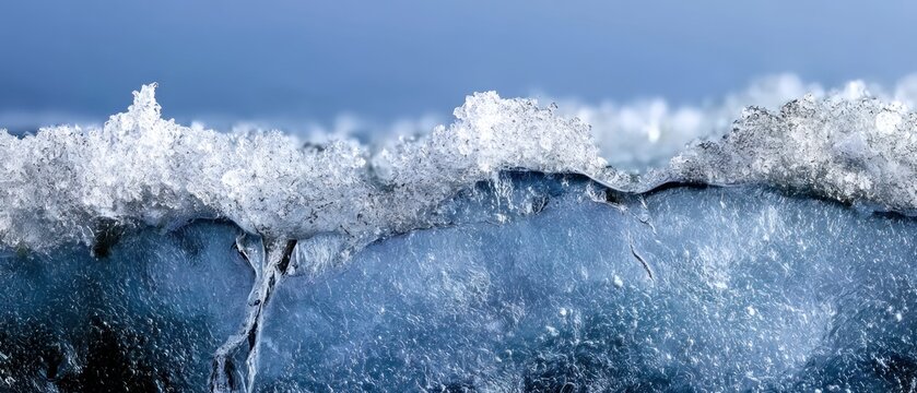 Close up of textured ice formation with frothy snow and deep blue water in soft focus
