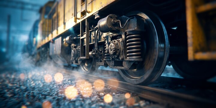 Industrial train wheel and steel chassis showing steel mechanical wheels, suspension coil springs and iron railway tracks, representing heavy freight transport and industrial logistics